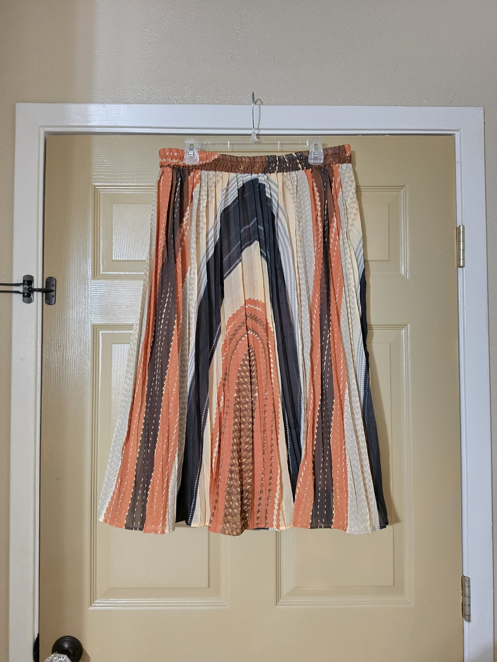 Striped Pleated Midi Skirt in Coral, Black & Cream